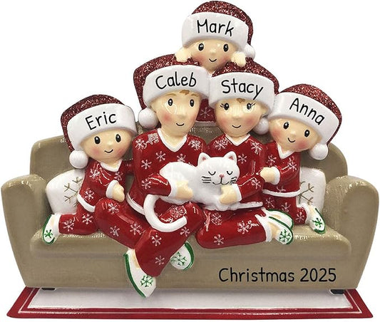 3D Matching Pajama Family of 5 with Cat Ornament 2025 Personalized Family Christmas Ornaments 2025 | Pet Lovers Personalized Tree Ornaments Customizable Gifts of Cat Lovers of Five with Pet Ornament