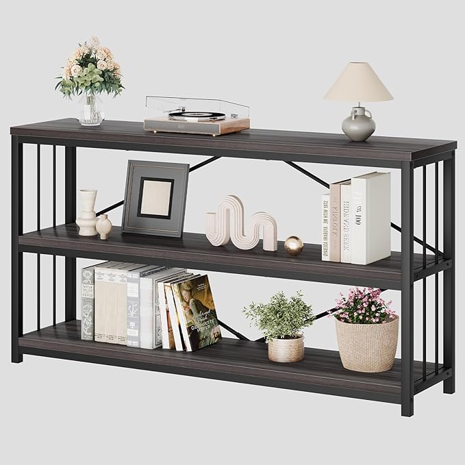 LVB Industrial Console Table, Metal and Wood Sofa Table, Rustic Entryway Table with Storage, Modern 3 Tier Shelf Long Foyer Tables Behind Couch for Home Living Room Hallway, Dark Gray Oak, 55 Inch