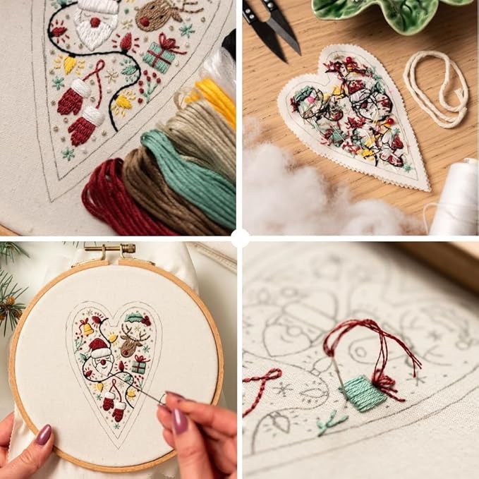 2026 Christmas Embroidery Kit for Beginners - Complete DIY Hand Embroidery Ornament Set with Easy Instructions, Create Festive Tree Hanging Decorations