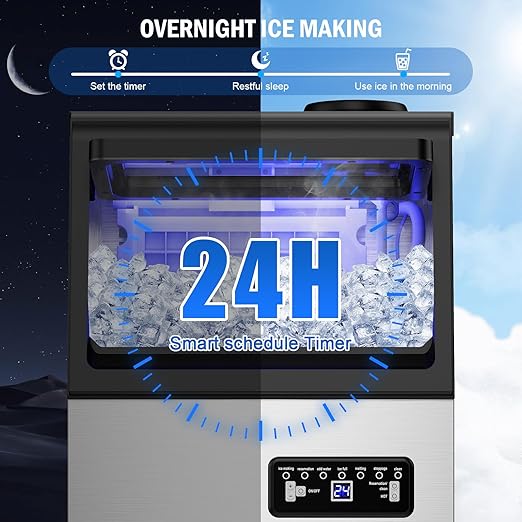 Commercial Ice Maker Machine 130 LBS/24H, 45 Ice Trays Freestanding & Undercounter Ice Machine Stainless Steel with 20 LBS Ice Storage Capacity, Ice Maker with Water Line and Filter, Dual Water Inlet