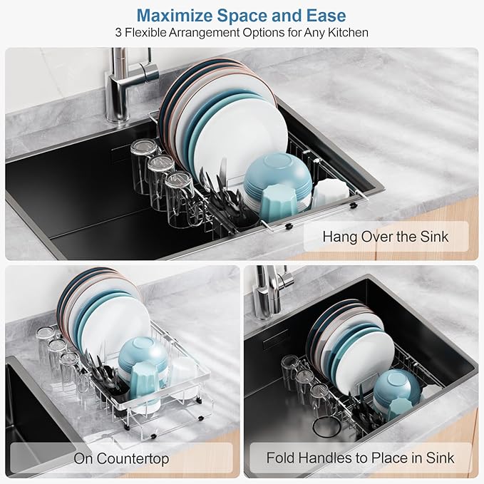 GSlife Expandable in Sink Dish Drying Rack - Capacity Adjustable Stainless Steel Over The Sink Dish Drainer with 2 Cup Holder and Utensil Holder for Kitchen Sink, 10.8"~17.9" L x 14.2" W, Silver