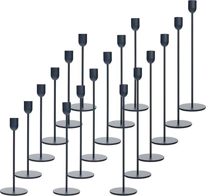 18 PCE Black Candle Holders Set, Vintage Taper & Pillar Candle Sticks for Wedding, Dining Table, Fireplace Mantel, Elegant Home Decor, Housewarming Gift, Festive Centerpiece