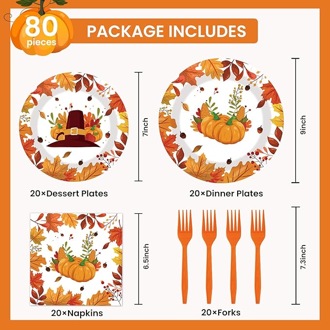 80pcs Fall Thanksgiving Paper Plates and Napkins Forks Dinner Cake Plates Autumn Leaves Pumpkin Party Decorations for Fall Thanksgiving Holiday Wedding Birthday,Serves 20 (Autumn)