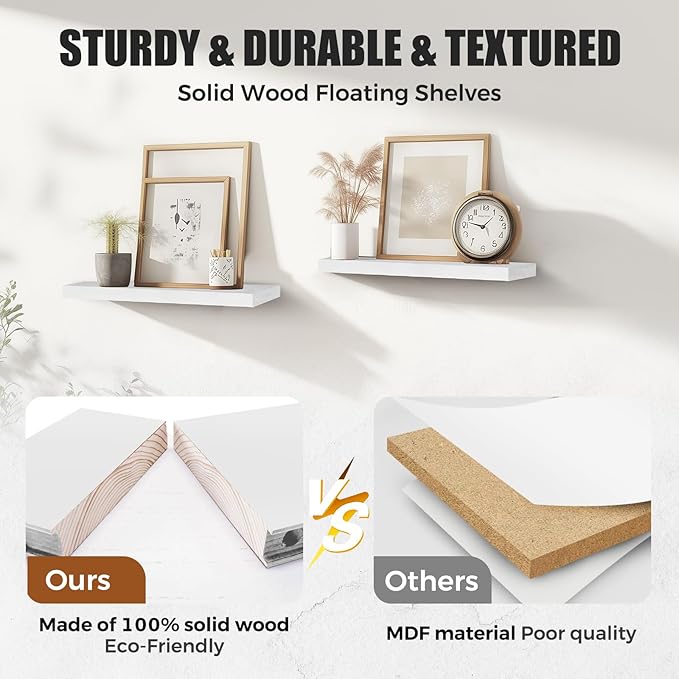 Floating Wall Shelves - 16"x6.8"x1.2" Sturdy Rustic White Solid Wood Shelves for Storage and Décor, Easy Installation for Living Room, Bedroom, and Kitchen - 2 Pack