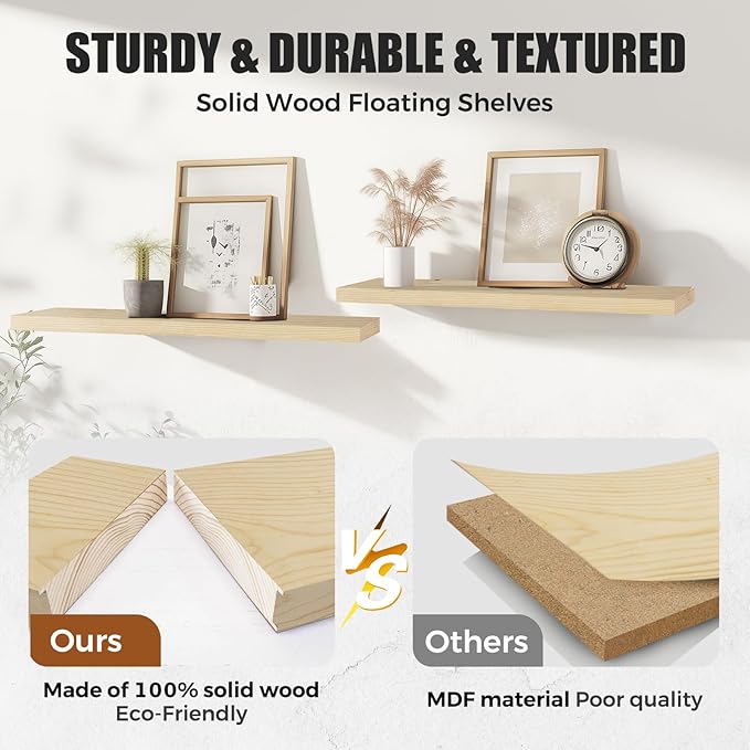 Floating Wall Shelves 3-Pack - 24-Inch Rustic Wooden Shelves for Storage and Décor, Easy Installation for Living Room, Bedroom, and Kitchen