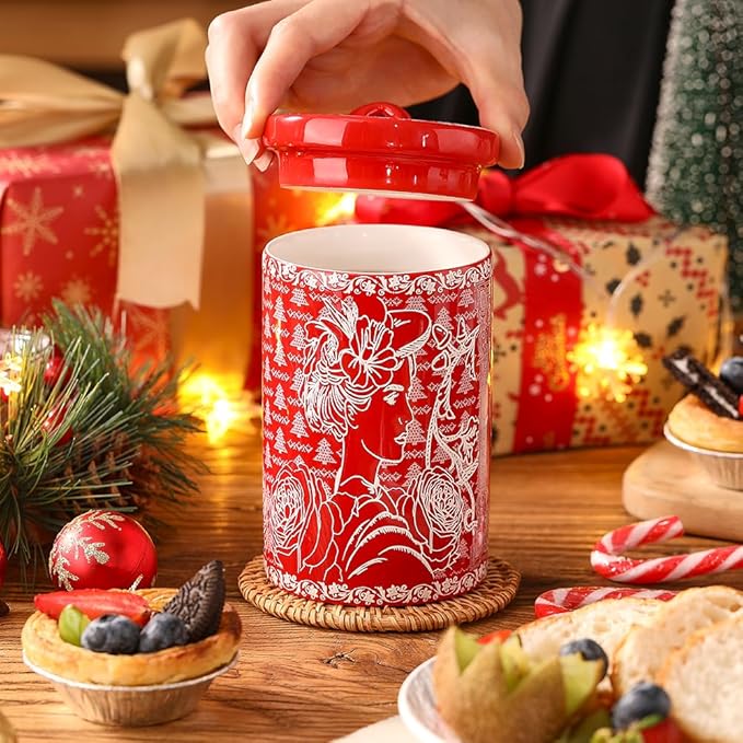 Porlien Lady Porcelain 15-ounce Canisters Set of 2, Food Storage Containers with Lid for Coffee Beans, Tea, Condiments & Nuts, Gifts for Mothers'Day, Thanksgiving, Christmas, Valentine’s Day
