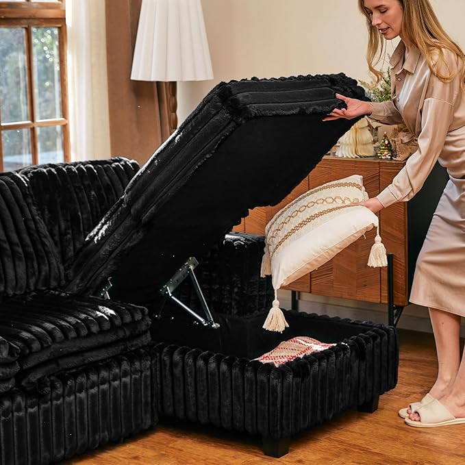 Belffin Modular Sectional Sleeper Sofa with Pull Out Couch Bed Corduroy Double Chaise with Storage Black Couch