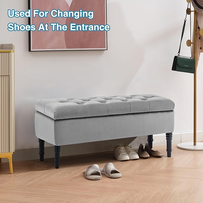 Ottoman with Storage Velvet Storage Bench Holds Up to 500 lbs Ottomans Upholstered Bench with Seating for Bedroom, Living Room, Grey