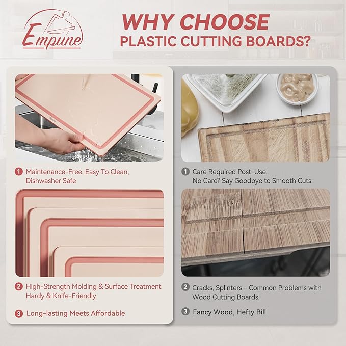 Empune Plastic Cutting Board Set, Recycled Plastic Cutting Boards for Kitchen (Set of 3), Dishwasher Safe Large Chopping Board with Holder, Non-slip Feet and Juice Grooves, Nonporous, Pink