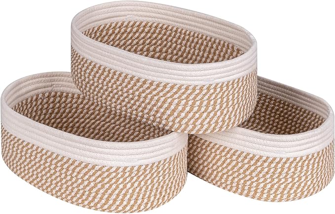 Shelf Storage Baskets for Organizing|Decorative Basket for Closet Storage|Toy Baskets&Bins|Small Woven Rope Baskets-13x8.66x5.11’’,Durable&Stylish,Oval 3 Packs Off White&Mixed Camel