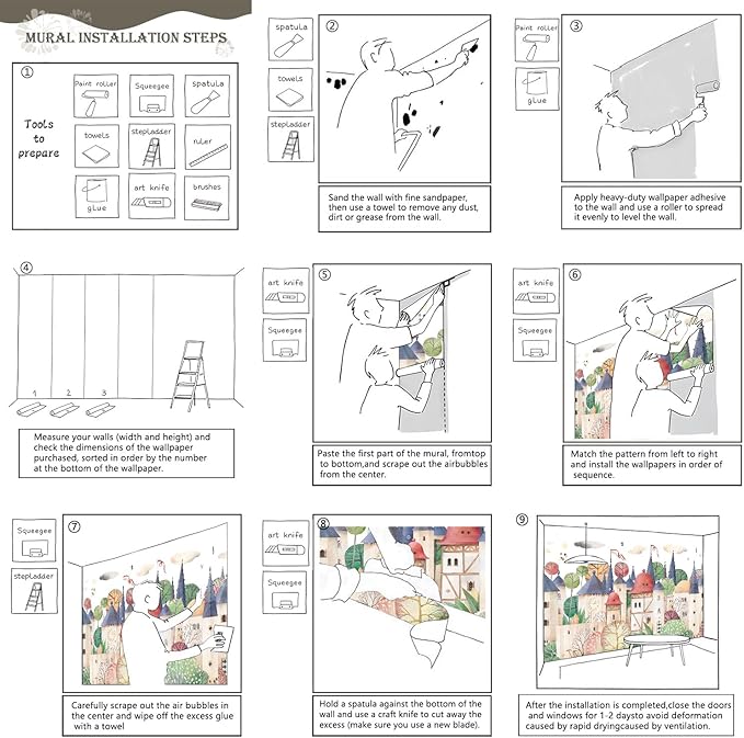 AFZEVEB-Cartoon Watercolor House Nursery Wallpaper Wall murals for Kids Room 136"x96" (Not Peel and Stick)