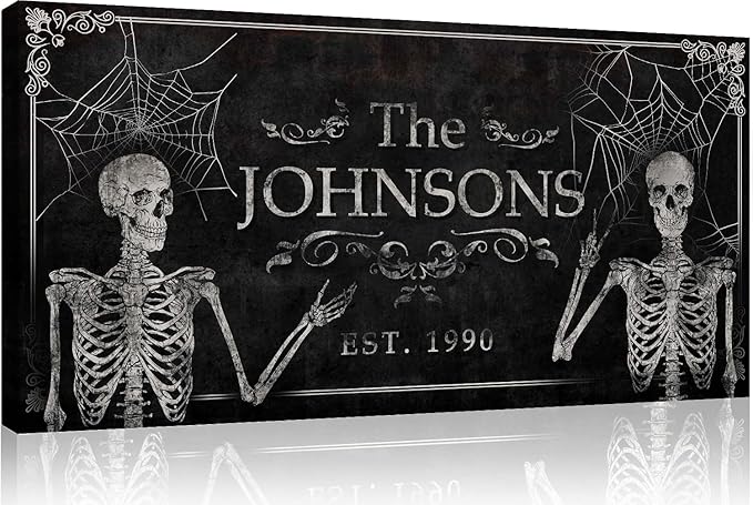 Tailored Canvases Gothic Family Wall Decor - Personalized Grunge Vintage Skeleton Room Decor for Home, Halloween Lovers, Men & Women for Bedroom, Living Room - Custom Couple Name, White Print, 20"x10"