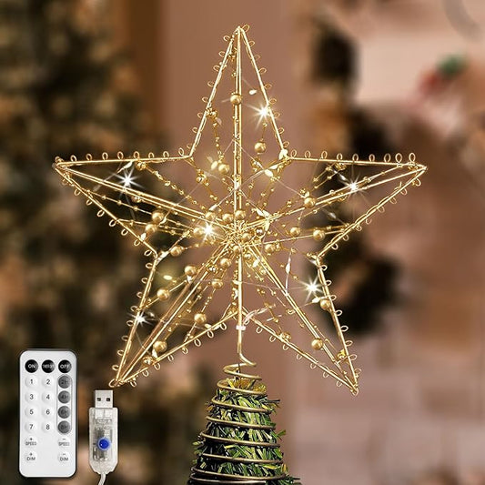 Christmas Tree Topper Star, Gold Star Tree Toppper with 50 Warm LED Lights Glittered Pearl Beads and 8 Lighting Modes Timer for Christmas Tree Decorations and Xmas Holiday Seasonal Decor