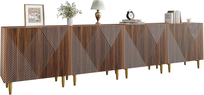 Set of 2 Fluted TV Stands with Storage, 65 Inch Accent Sideboard Large Console Table with Adjustable Shelves, Mid Century Modern TV Cabinets for Living Room, Dining Room, Walnut