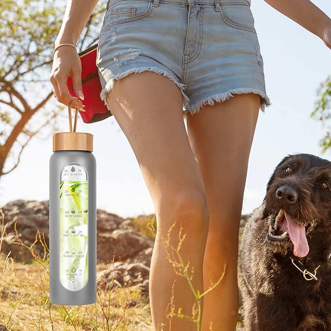 Aqulea Glass Water Bottles 32 Oz with Silicone Sleeve - BPA Free Reusable Wide Mouth Glass Motivational Water Bottles with Fruit Infuser – Leak Proof Borosilicate Water Bottle with Time Marker (Grey)