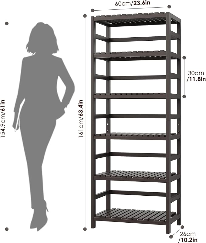 FOTOSOK 6-Tier Bamboo Shelf Set of 2, Bamboo Bookcase with Adjustable Shelves, Free Standing Storage Shelf Unit and Plant Flower Stand, Tall Large Bookshelf for Kitchen, Bathroom, Home Office, Vintage