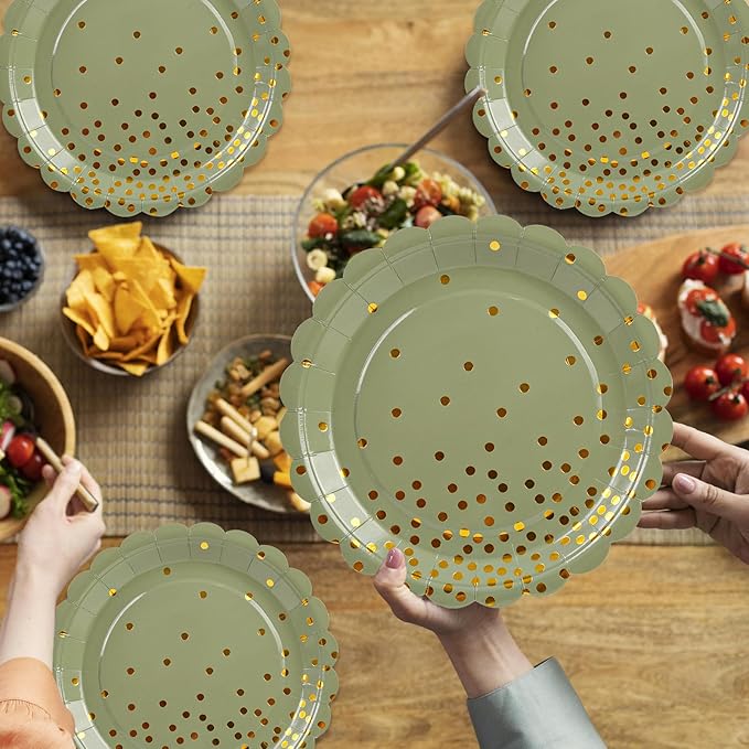 50PCS Sage Green Paper Plates, 7 Inch Scalloped Green and Gold Party Plates Disposable Foil Polka Dots Dessert Plate Cake Plate for Birthday, Baby Shower, Wedding, Bridal Shower St Patricks