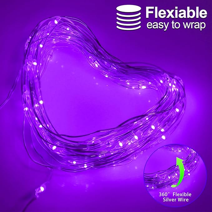 Halloween Christmas Decorations Purple Fairy String Lights Indoor, Battery Operated with Timer, 2Pack Total 33FT 100 Led Mini Battery Powered Twinkle Mason Jar Waterproof Firefly Lights DIY Party