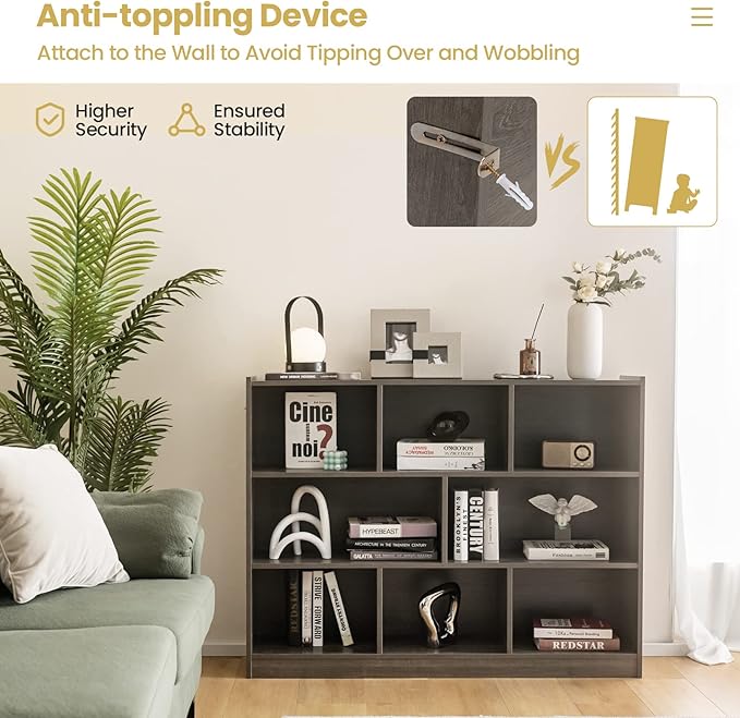 Tangkula 8-Cube Bookcase, Wood 3 Tier Open Storage Bookshelf, Modern Multipurpose Display Cabinet for Living Room, Study, Reading Nook, 48 x 12.5 x 36.5 Inch, Grey