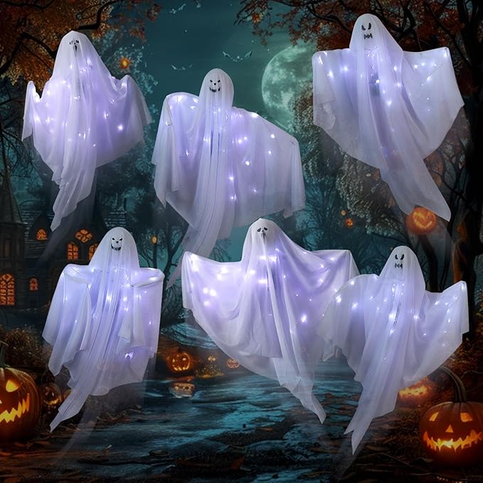 6 Pack Halloween Hanging Ghost Decorations with Lights, 27.5 Inch LED Light-Up Spooky Ghosts Indoor Outdoor Ornaments, Halloween Flying Hanging Ghosts for Haunted House Prop, Front Yard Patio Party