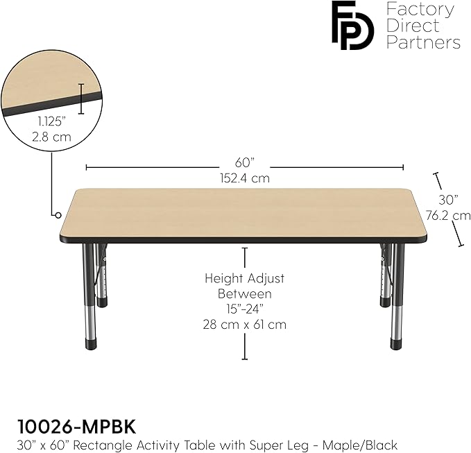 FDP Rectangle Activity School and Classroom Kids Table (30 x 60 inch), Toddler Legs, Adjustable Height 15-24 inches - Maple Top and Black Edge