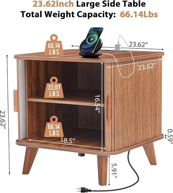 Farmhouse Square End Table with Charging Station, 24" Large Fluted Sofa Side Table with Sliding Tambour Door and Storage, Rustic Curved Wood Nightstand for Living Room, Bedroom, Walnut