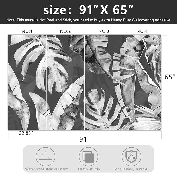 '-Tropical Botanical Grey Banana Leaf Fabric Wallpaper Living Room Bedroom Bathroom Plant Wall Mural- 91"x65"（ not Peel and Stick）