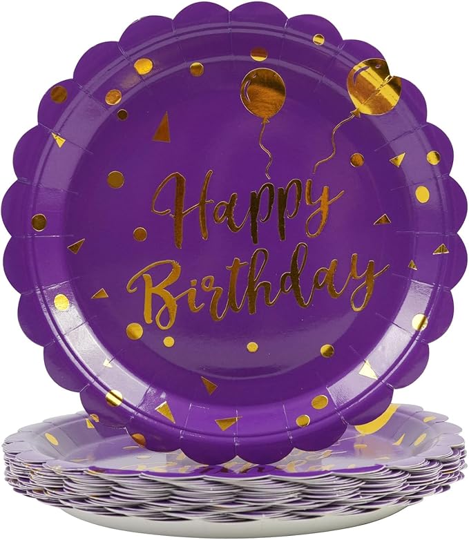 50PCS Purple Birthday Party Plates Decorations, 7 Inch Scalloped Purple and Gold Paper Plates Disposable Happy Birthday Dessert Cake Plate Party Supplies for Birthday's Decorations
