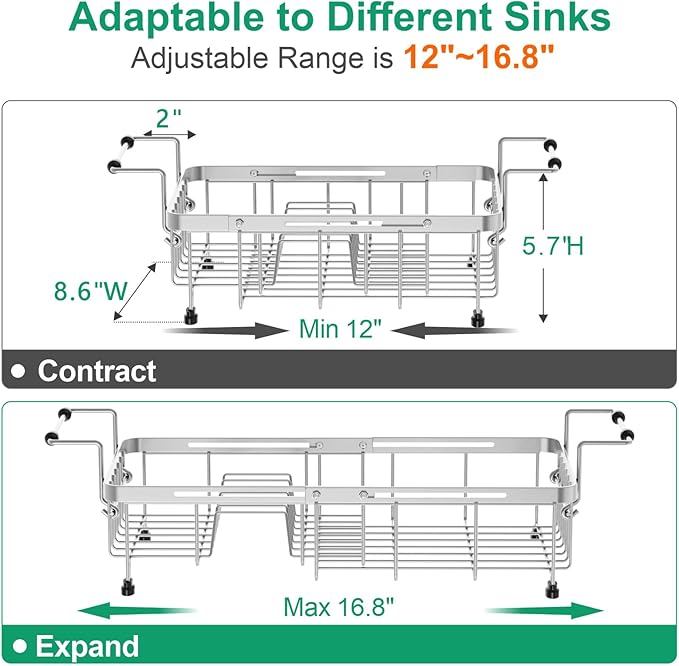 GSlife Expandable in Sink Dish Drying Rack Small with Silicone Mat - Stainless Steel Capacity Adjustable Over The Sink Dish Rack with Utensil Holder for Counter or Inside Sink (12.4" -16.8"), Silver