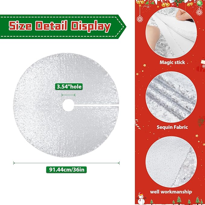 Eternal Beauty Christmas Tree Skirt, 36 Inch Silver Sequin Tree Skirt Small Xmas Tree Skirt for Christmas Tree Decorations