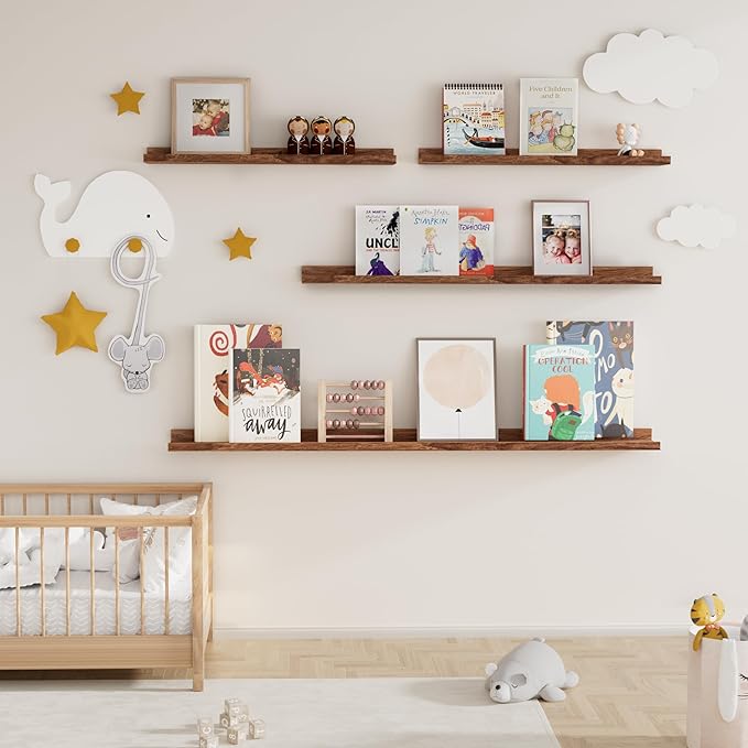 Picture Ledge Shelf for Wall, Floating Shelves Set of 4, 24 Inch Long Nursery Book Shelves for Toys Storage, Kids Bookshelf Wall Mounted for Books Photo Frames, Walnut