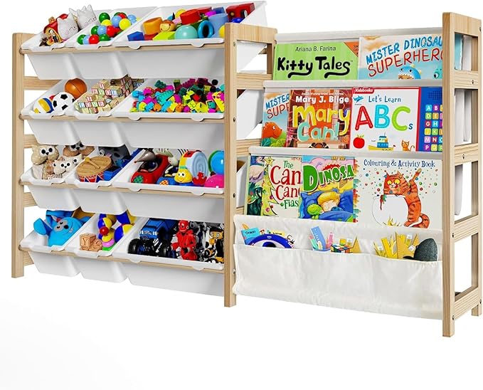 Large Toy Storage Organizer with Bookshelf, Toy Organizers and Storage with 12 Storage Bins, 4 Tier Multipurpose Toys Organizer Storage for Kids Room, Playroom, Nursery Room, White