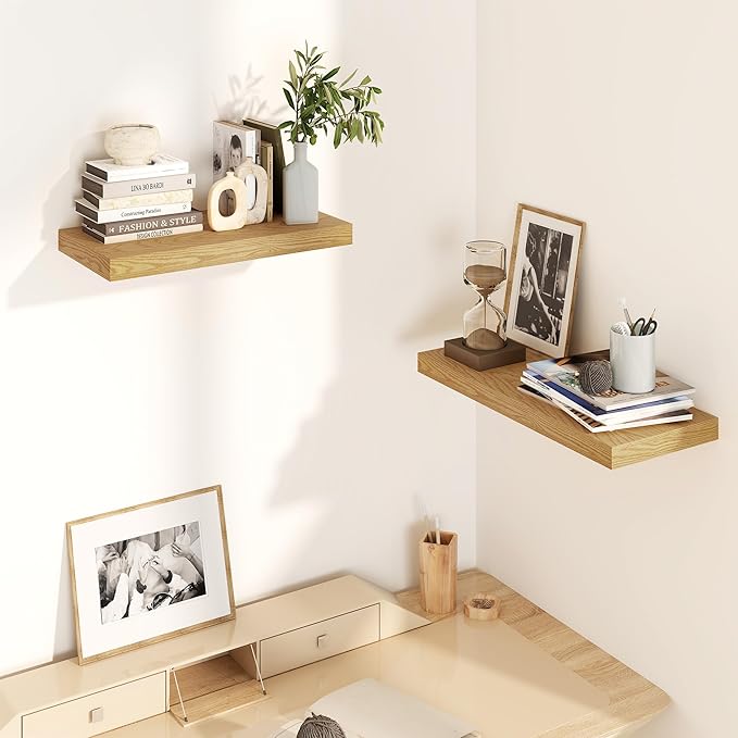 Fun Memories Floating Shelves for Wall, 8 Inch Deep Floating Wall Shelf, 16" x 8" Floating Shelves - Set of 2, Rustic Wooden Storage Shelves for Bathroom, Living Room, Kitchen