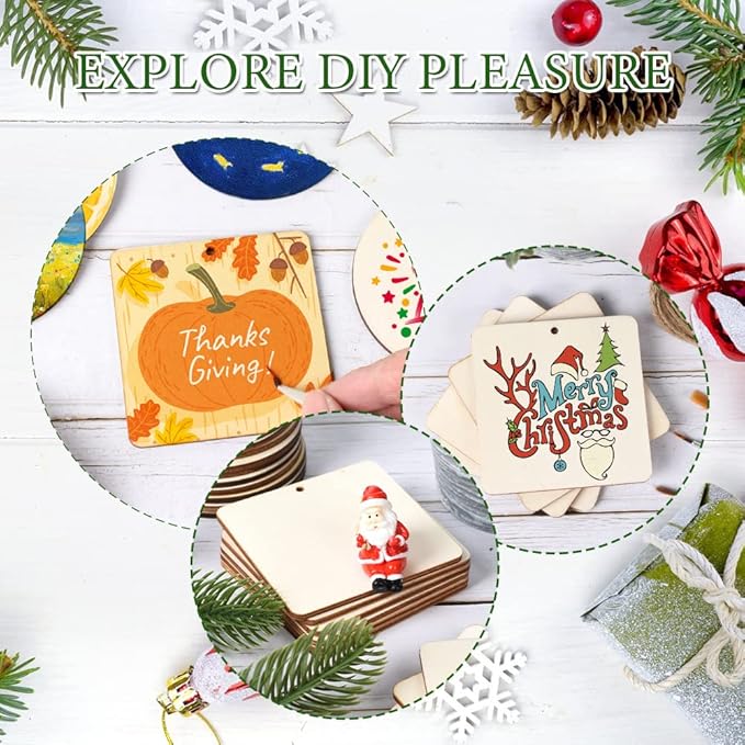50 Pcs Square Wooden Tags, 3x3 Inch Unfinished Square Wood Slices Blank Square Wooden Slices with Holes, with Jute Twines for Sign Tags Home Party Hanging Decoration