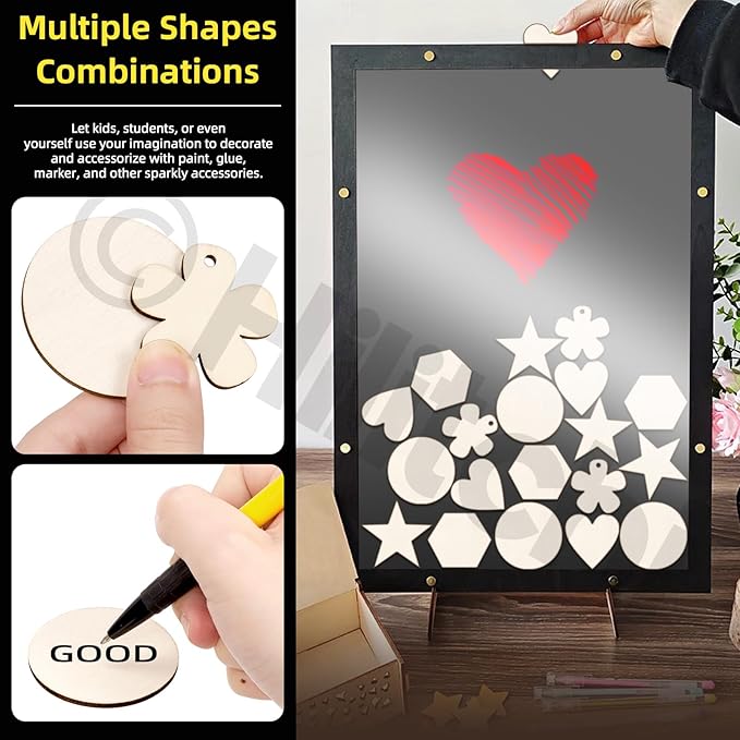 Hilitchi 200Pcs Multi Shape Unfinished Wooden Crafts DIY Wooden Cutouts Star Flower Circle Hexagon Heart Shapes Unfinished Wood Slices Ornament for DIY Crafts Home Decorations