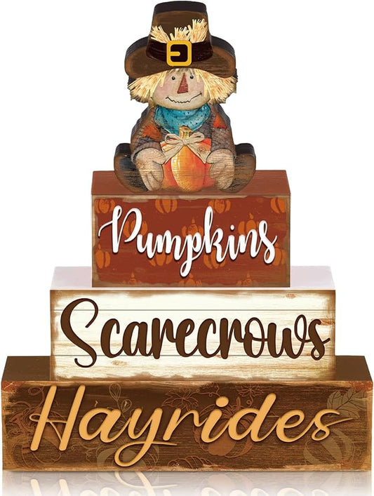 4 Pcs Fall Thanksgiving Decor for Home Cute Scarecrow Wooden Signs with Sayings Thanksgiving Fall Tiered Tray Decor Scarecrow Tabletop Centerpiece Hay Ride Block Signs for Office Kitchen Shelf