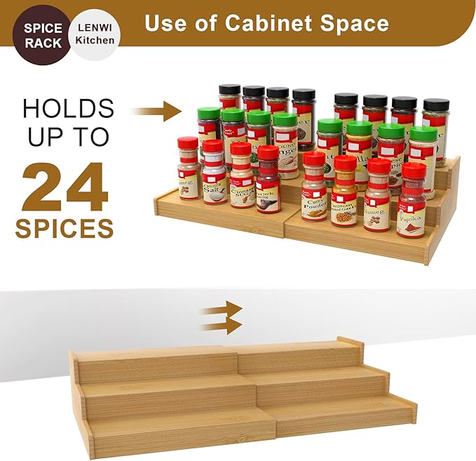 Spice Rack Organizer for Cabinet, 3 Tier Expandable Bamboo Spice Storage, Great for Kitchen Cabinet, Cupboard,Pantry and More