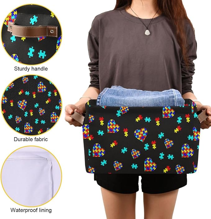 Multicolor Storage Basket Bin Autism Awareness Puzzle Pieces Heart Organizer Collapsible Shelf Cube with Handle for Nursery Bedroom Bathroom