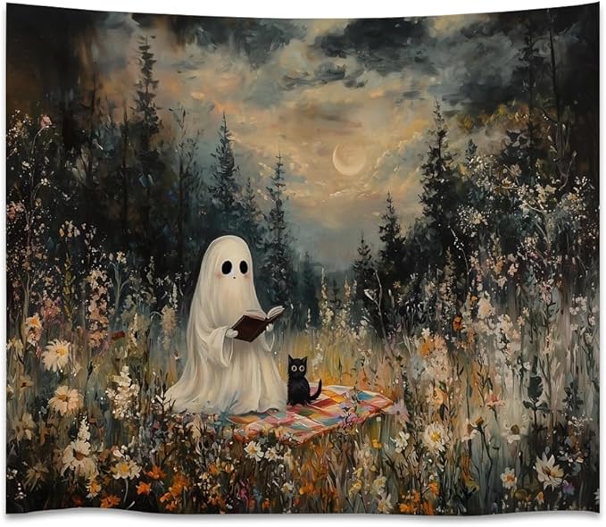 Halloween Ghost and Black Cat Tapestry Wall Hanging Spooky Ghos Reading Book in Wildflowers Wall Decor Halloween Witchy Room Aesthetic Tapestries for Goth Living Room Bedroom Decoration 60x80inch