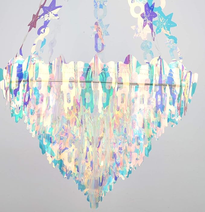 Hanging Decorations Iridescent Chandelier Shaped Foil Ceiling Hanging Ornament for Bridal Shower Wedding Birthday Frozen Theme Party Fairy Princess Rainbow Show Decoration