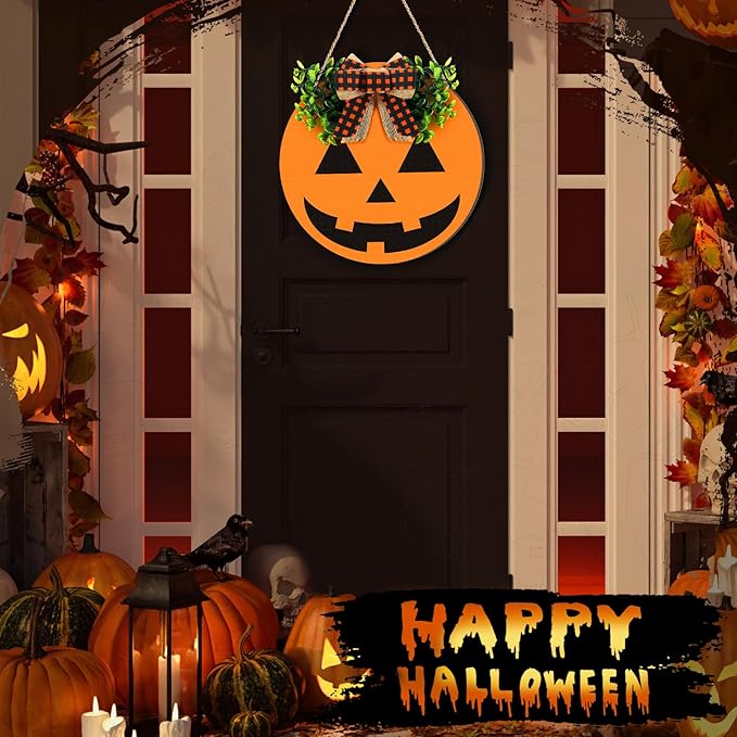 Halloween Wreaths for Front Door Ghost Door Hanger Wooden Hanging Sign 11.8 x 11.8 Inch Pumpkin Welcome Wreath Sign for Wall Porch Outside Farmhouse Home Indoor