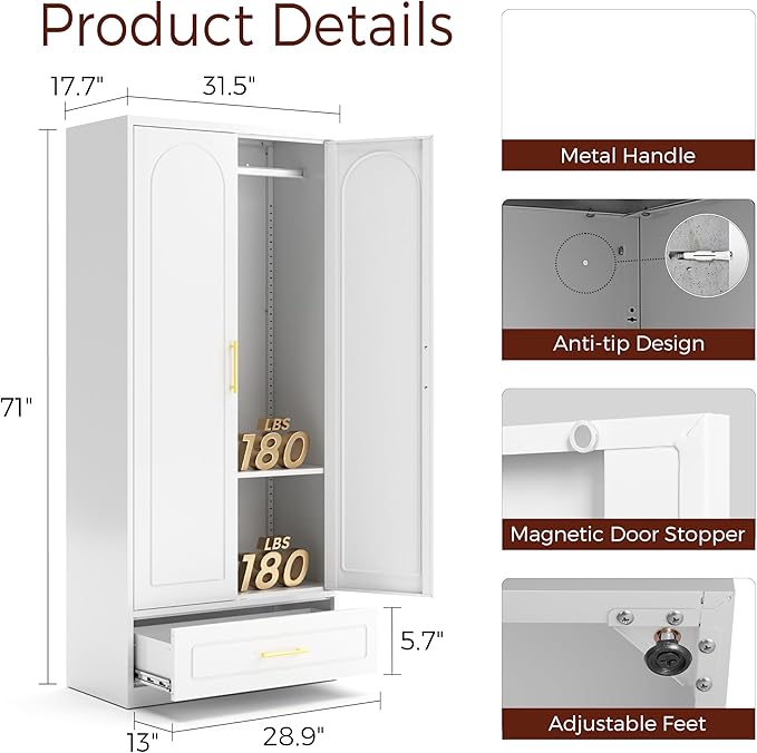 Metal Armoire Wardrobe Closet with 2 Doors, 71" Tall Wardrobe Cabinet with Hanging Rod, Drawers and Adjustable Shelves, White Clothing Storage Cabinets for Bedroom, Home Office