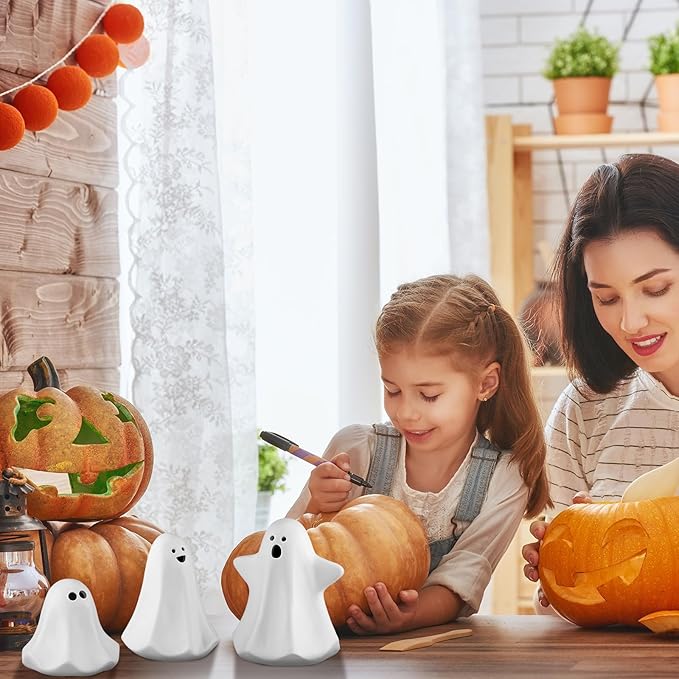 Domensi 9 Pcs Halloween Ceramic Ghost Figurines with LED Lights, Large 5.12 White Spooky Ghost Sculpture Statue Cute Halloween Miniatures for Gifts Centerpiece Table Mantel Collections Decorations