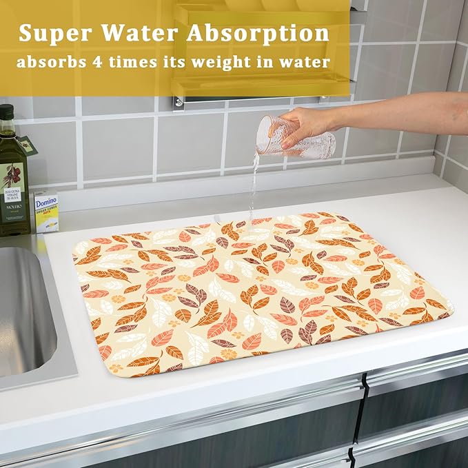 Fall Leaves Dish Drying Mat for Kitchen Counter Autumn Orange White Leaves Seasonal Super Absorbent Reversible Microfiber Kitchen Countertop Protector Dishes Pad Large 18x24 inch