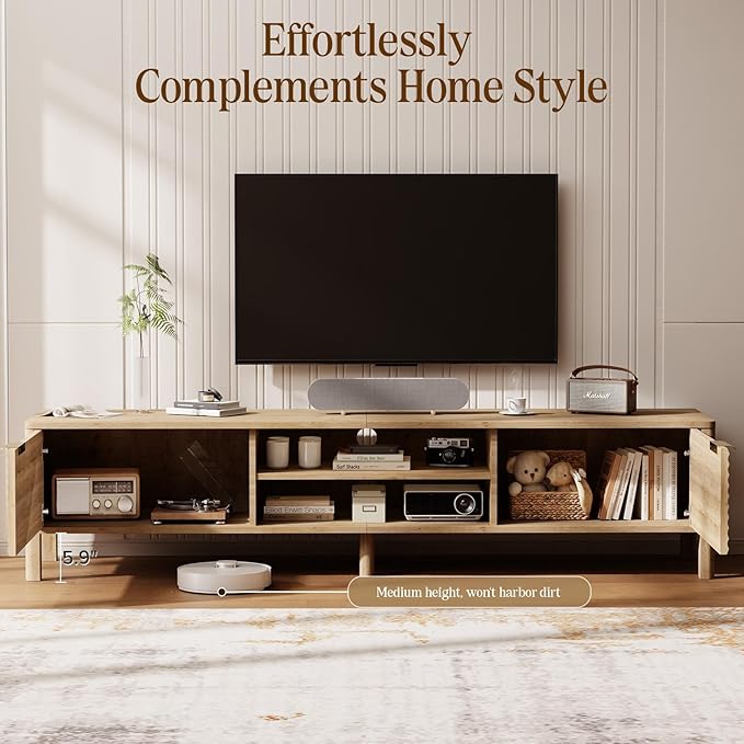 TV Stand for Living Room - up to 80 Inch TVs Mid Century Modern Entertainment Center with Storage and Adjustable Shelves, Media Console Table Oak 70"