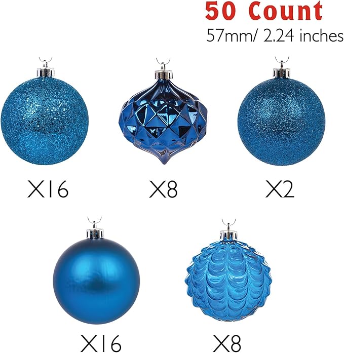 Every Day is Christmas Ornaments, Shatterproof Christmas Tree Ornament Set, Christmas Balls Decoration 50 Count (2.24"/57mm, Royal Blue)
