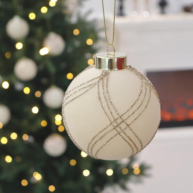 4inch Velvet Ornaments for Christmas Tree, 9PCS Glitter Flocked Christmas Ornaments Decorations Balls Set Decor Beige