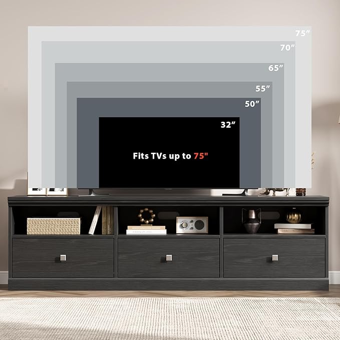 IDEALHOUSE 70in TV Stand for TVs up to 80", Mid Century Modern Entertainment Center with Storage Drawer and Open Shelves, TV Console Media Cabinet for Living Room, Bedroom, Black