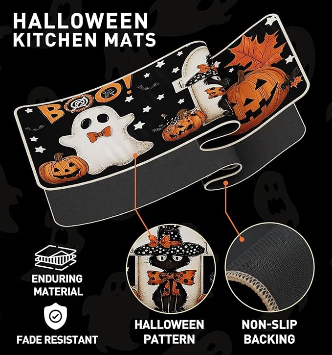Halloween Kitchen Mat Set of 2, Pumpkin Ghosts Boo Cat Halloween Decor, Halloween Rug for Floor, Indoor Home Decor with Non-Slip Backing,17 x 29 Inch & 17 x 47 Inch