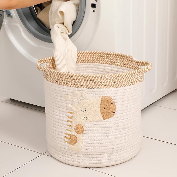 INough Toy Storage Baskets Woven Cotton Rope Storage Basket for Kids, Blanket Baskets for Living Room Toys Organizer with Embroidery Decor, Cute Baskets with Handle for Nursery, Playroom (Giraffe)
